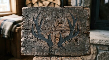 Stencilled antlers adorn rustic wooden plank near stone fireplace indoors
