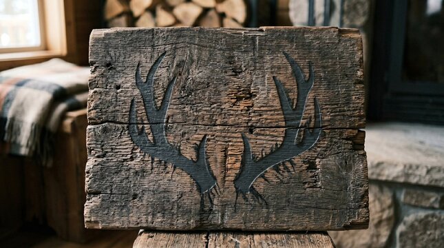Stencilled antlers adorn rustic wooden plank near stone fireplace indoors
