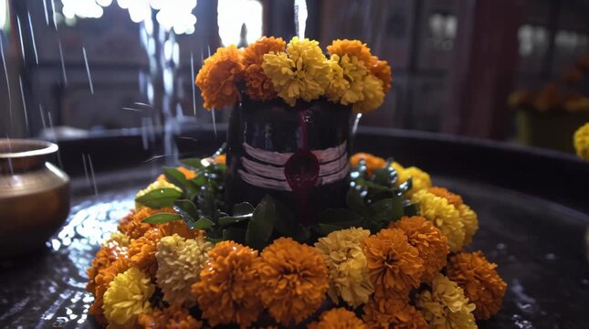 Close-up of water pouring over a floral decorated Shivalinga in a temple