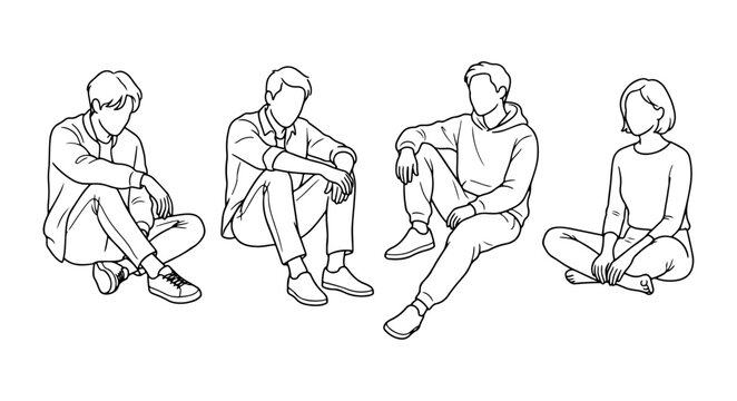 Detailed Vector Outlines of People Sitting on the Ground in Relaxed Poses for Architectural Entourage and Interior Design Illustrations