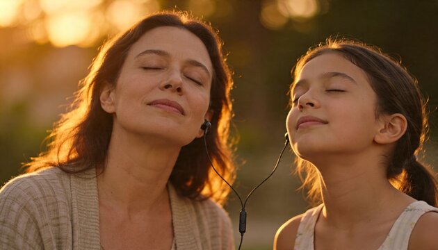 Listening mother and daughter sharing wired earphones golden-hour park, knit cardigan, tank top