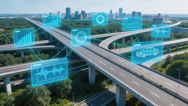 Smart city infrastructure with digital data overlays autonomous vehicle network urban traffic management system futuristic highway interchange connected transportation technology