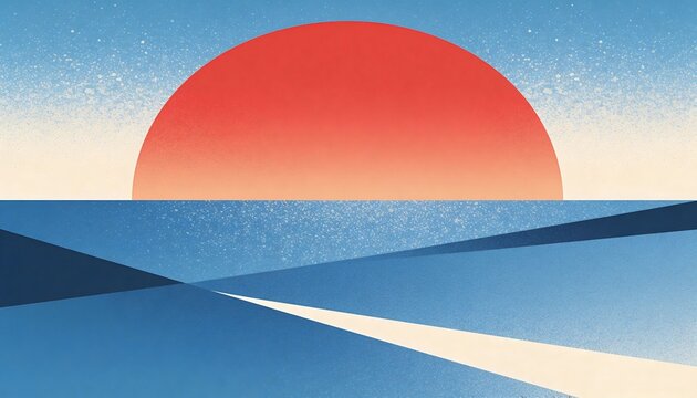 Featuring minimalist seascape on horizon, showing large red-orange half-sun, layered blue planes