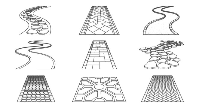 Architectural CAD Vector Set of Perspective Garden Pathways Featuring Stone Pavers Cobblestones Herringbone Brick and Winding Gravel Walkway Patterns