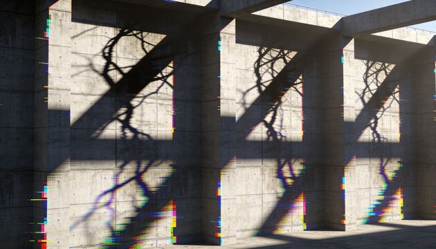 Showing central concrete bays with panels and upper openings, casting tree shadows and RGB bands