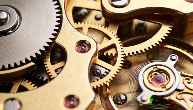 Showing watch movement under macro studio lighting, with brass gears, balance wheel, ruby bearings