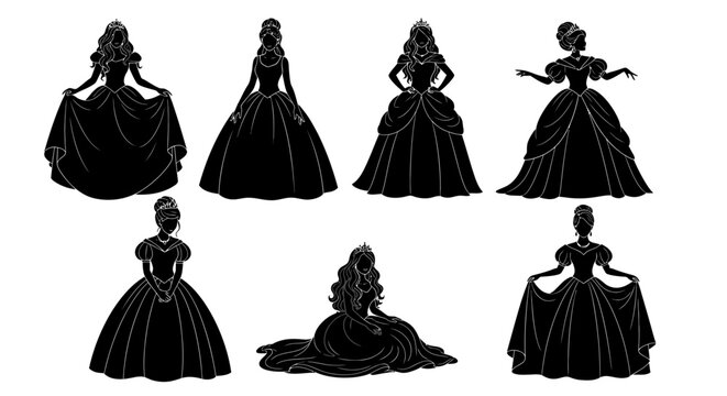Collection of Silhouetted Princesses in Gowns, Showcasing Elegant Designs and Royal Attire