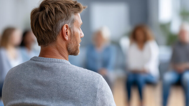 Rear view of a man seated near a blurred group during an addiction recovery meeting in a rehab center, alcoholics anonymous concept, substance abuse support group, community healing,