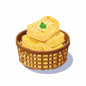 Isometric vector of butter naan basket with soft fluffy bread stack