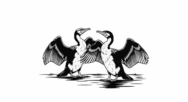 Two cormorants with wings spread, facing each other