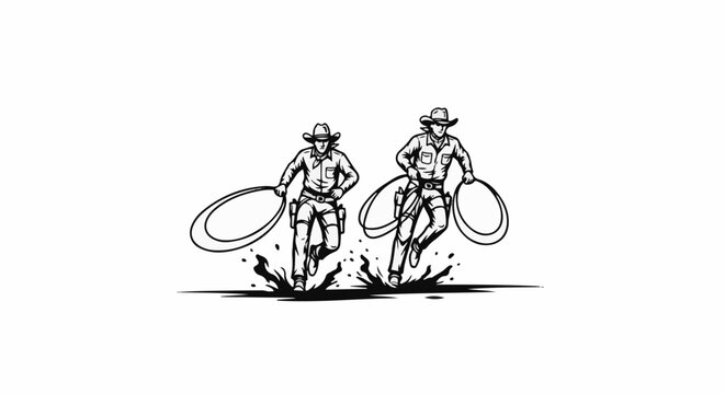 Two cowboys in hats run with lassos, splashing through mud