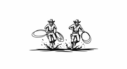 Obraz premium Two cowboys running through water with lassos, a stylized depiction