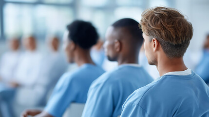 Fototapeta premium Rear view of a group of prisoners seated in a rehabilitation class, self-improvement concept, prison rehabilitation program, education and healing behind bars, defocused background, with