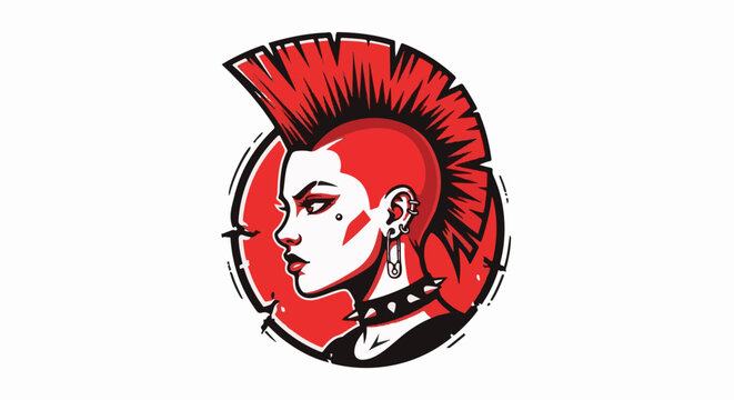 Stylized red mohawk punk girl portrait, profile view, dramatic