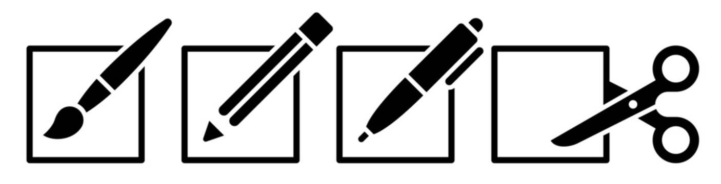 Pen, pencil, paintbrush, scissors and paper slips icon set. Office tools collection isolated on white background.