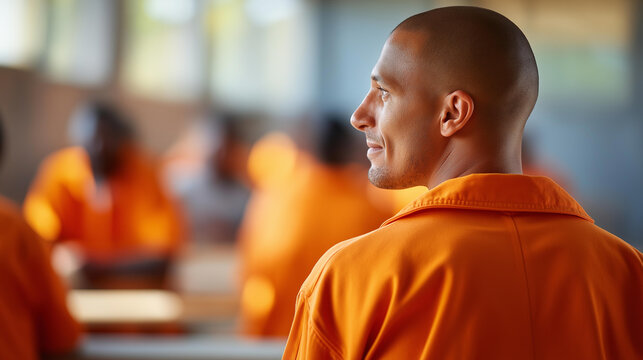 Rear view of a group of prisoners seated in a rehabilitation class, self-improvement concept, prison rehabilitation program, education and healing behind bars, defocused background, with