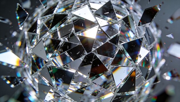 Glittering shattered spherical mirror reflecting in studio, with triangular glass shards