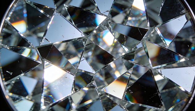 Showing shattered circular mirror in studio catching light with shards sharp edges glints dark back