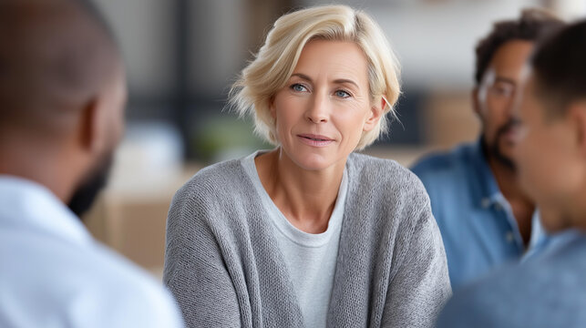 Close-up of a group of people leaning in attentively during an intense therapy session with focused expressions, mental health engagement concept, serious group counseling, peer