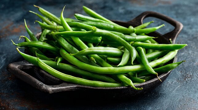 Green beans in their pods sit in a dish on a dark, old-fashioned surface, showing healthy eating.