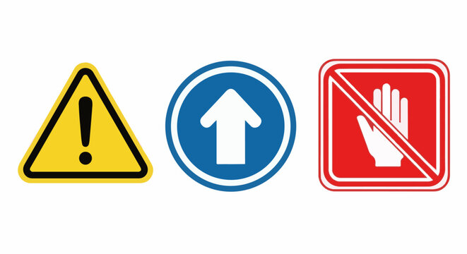 Three distinct graphic signs hazard warning, forward direction, and no entry