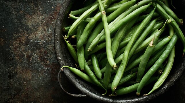 Green beans in their pods sit in a dish on a dark, old-fashioned surface, showing healthy eating.