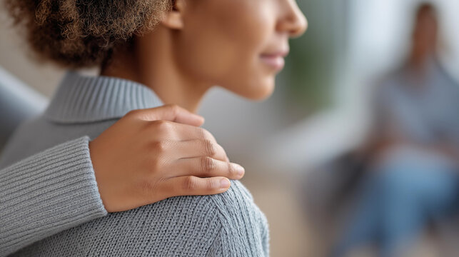 Close-up of a supportive hand on a distressed person's shoulder during a group therapy session, comforting gesture concept, peer emotional support, healing through touch, defocused