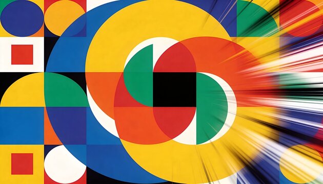 Displaying bold geometric art covering graphic panel, with overlapping rings and black square