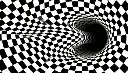 Naklejka premium Swirling warped black-and-white checkerboard tunnel pulling eye into central dark void, digital art
