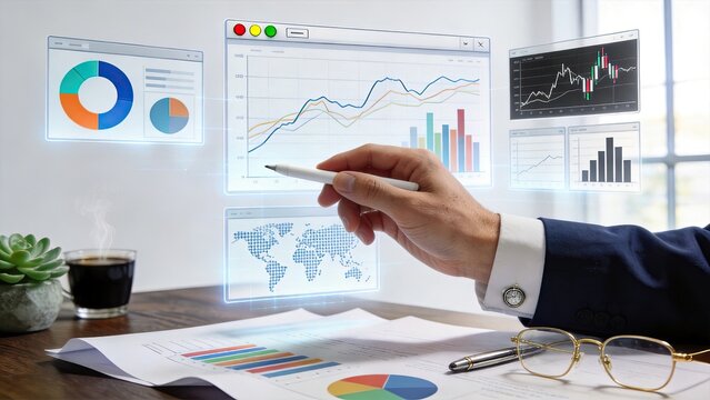 Businessman using futuristic holographic interface to analyze financial data stock market trends and global economic charts with digital graphs and statistics on virtual screen