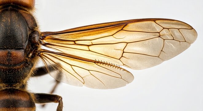 Microscopic view of hornet wing venation and hamuli on white background