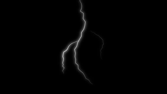 Bright electric lightning strike effect, electric animated bolt strikes storm light force effect flash thunderbolt, electric lightning flash FX animation on black background. 4k