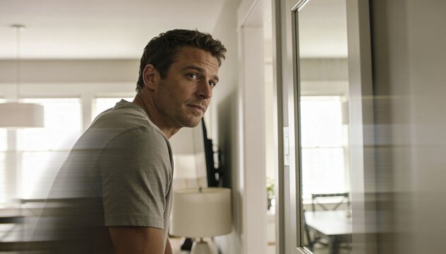 Standing man in gray T-shirt turning and looking back in home doorway, with blinds and lamp