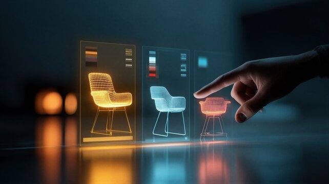 Woman architect using holographic interface to manage furniture design. Digital visualization of 3D chair model for interior planning. Innovative technology for workflow efficiency.