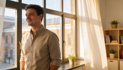 Fototapeta premium Standing man in button-up shirt gazing at paned window at home-office with shelf plants and sheers