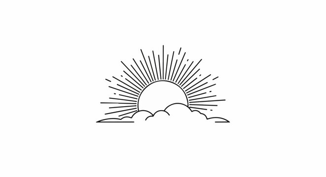 Stylized sunrise with radiating lines above fluffy clouds