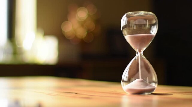 Clear glass hourglass with flowing sand on wooden desk in slow video, blurred warm bokeh background, golden hour light, concept of efficiency and steady progress