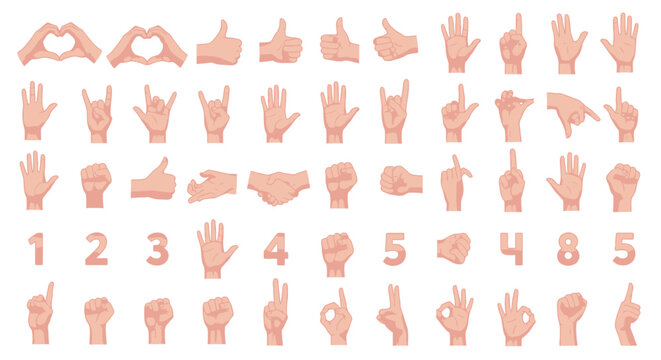 Human hand gestures collection, diverse vector set of communication signs and finger counting, flat skin tone palm icons for interface design