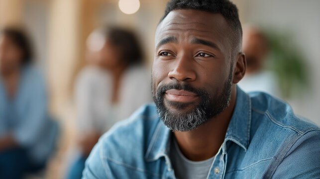 Close-up of a sad Black man in a supportive group setting with peers around him, emotional vulnerability concept, peer community support, mental health connection, defocused background,