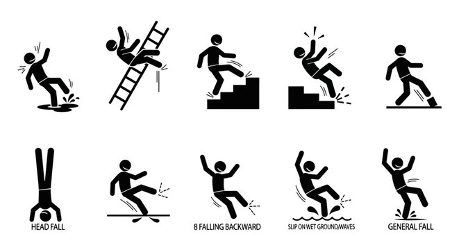 Slip and fall accident icons set, stick figure falling from ladder and stairs, workplace safety and injury warning signs, 10 vector pictograms