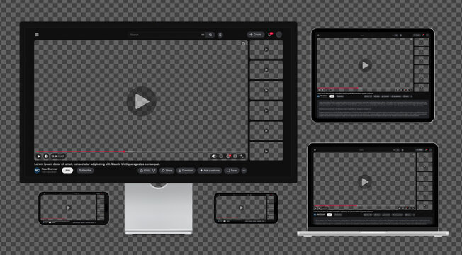 Video player template with side playlist night view for web and mobile apps on phones, monitor, laptop and tablet isolated on dark transparent background. Vector illustration