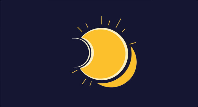 Stylized solar eclipse with sun rays and moon sliver on dark background