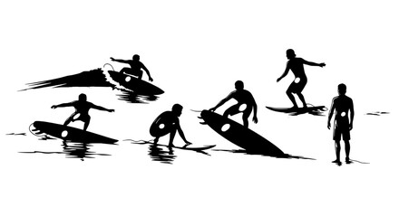 Naklejka premium Surfer wave icon with wet black silhouettes, hand-drawn splash lines, and minimalist beach scene for sports and lifestyle