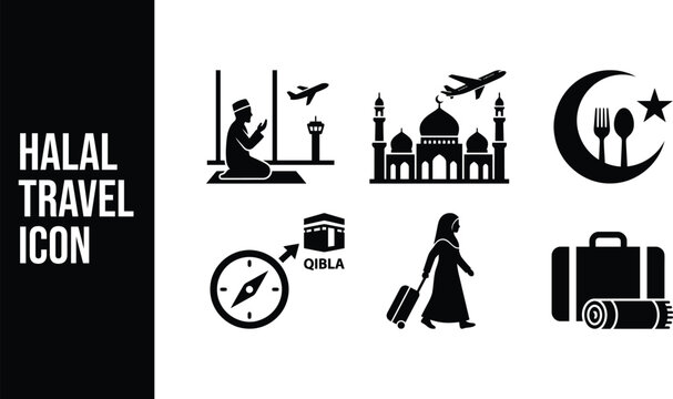 Halal travel icons set including mosque crescent moon compass and woman with luggage on white background