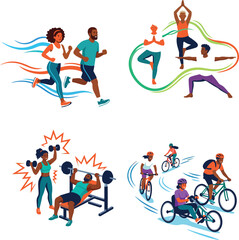 Fototapeta premium Vibrant vector illustration of diverse people enjoying running, yoga, gym workouts, and outdoor cycling.