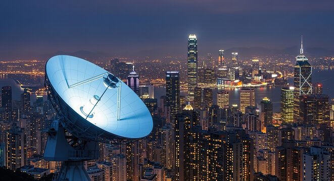 An illuminated parabolic antenna overlooks a dense metropolis after dark, with shimmering skyscrapers and bright lights in the background, evening, twilight, horizon