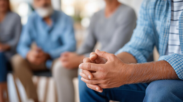 Close-up of a support group circle with one person sharing their story while others listen, individual sharing concept, community healing dialogue, peer active listening, defocused