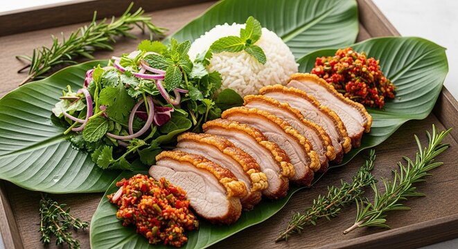Authentic roasted pork slices served with white rice, herbal salad, and spicy relish on green banana leaves over a rustic tray with herbs, skin, lemongrass, tropical