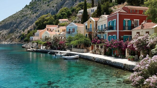 Assos village in Kefalonia, Greece lies by the sea.