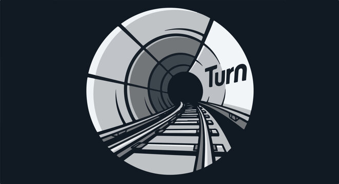 Stylized railway tunnel with a sharp turn and dark background